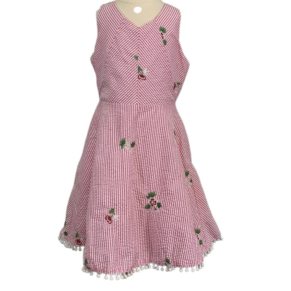 Rare Editions Girls Dress – Size 7 – Pink & White Stripe Floral with Pom Trim